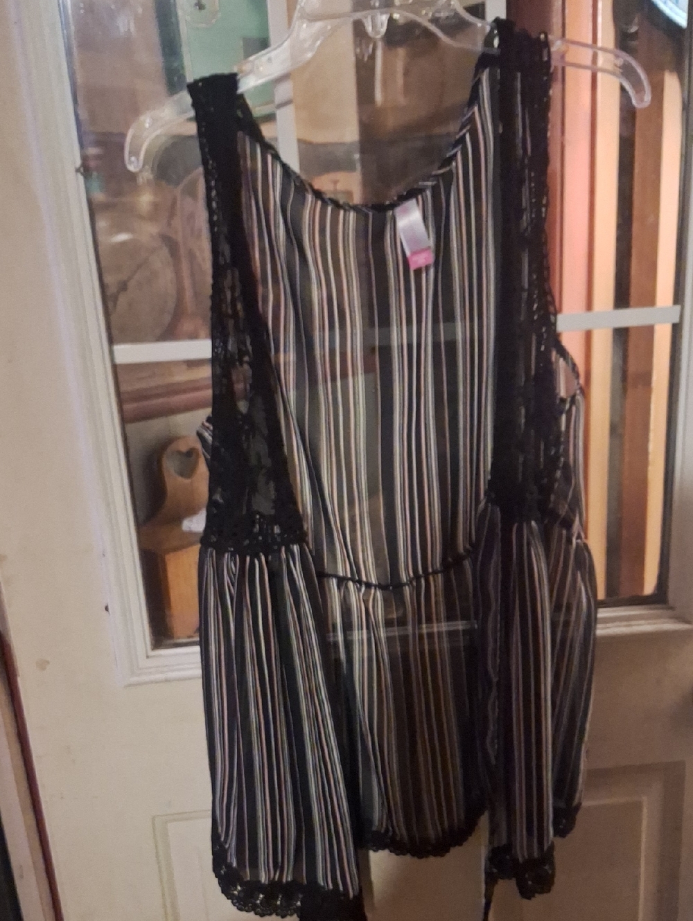 No Boundaries Black Striped Sleeveless Lace-Trim Open Front Kimono